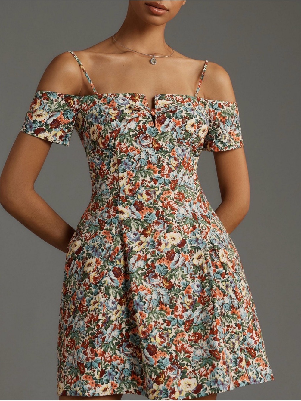 Maeve Floral Off-Shoulder Mini Dress in Rust, Blue, Green, Cream